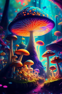 A colorful and dreamy picture, a world full of magic mushrooms