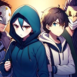 anime style, two girls, two boys, students, mask, hood, angry, high quality, detailed.