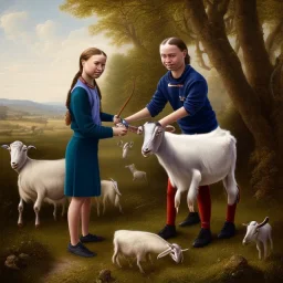 portrait Greta Thunberg milking a GOAT