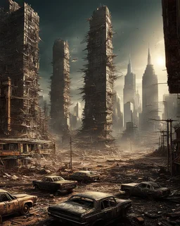 view of a futuristic the New York City in a post atomic catastrophic way, with lots of buildings in ruins,