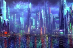 Cyberpunk City near trees, sci-fi, epic, movie wallpaper, claude monet style, realistic painting