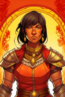 an anime drawing of a 40 year old thai woman. she looks middle aged. and has a stern look on her face. round face. dark tan skin, toned and muscular. short in height. dark brown hair in a bob cut. she is wearing an armour over a beautiful thai gown. she has a sun themeing. and the color scheme is red and yellow. she is holding a shield and a sword. full body drawing