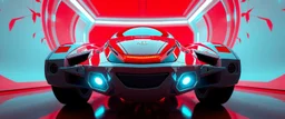 low view angle shot down from upper left front and showing the full vehicle, a RETROFUTURISTIC HOVERING CRAFT OF ALIEN ORIGIN, large close up a beautiful look up modern is decorated with red abstract, all red background, fisheye lense, vray, raytracing