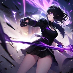 Clear focus,High resolution, Black short fluffy hair, and purple eyes, wearing a black outfit, must wear a short skirt, holding a glowing sword, fighting stance