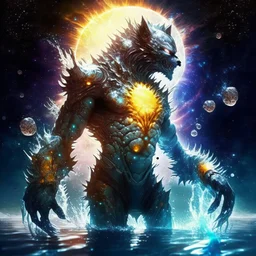 A terrifying creature combining water and sun with the powers of a werewolf and Dracula A battle suit made of galaxies and stars with a glove that has seven endless stones