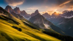 Sunset in the Dolomites, amazing detail, beautiful composition, award-winning photograph, astonishing realism, 28mm lens, adjust perspective