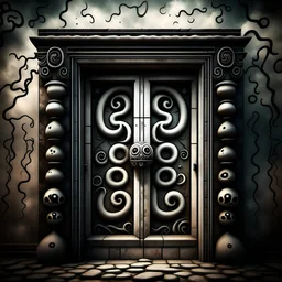 A dirty stone door with eye prints, several white tentacles surround, white fog, black background, black abyss