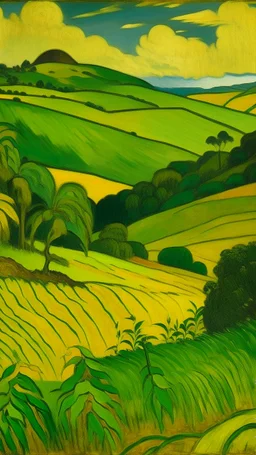 A yellowish green farmland with corn crops painted by Paul Gauguin