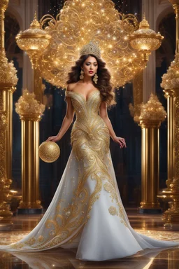 Queen wearing a magical gown of swirly flowing marble water gold filigree curlicues, flowering flowers, bloom, sparkle, ornamental gilt, diamonds, rubies, emeralds, sapphires, beautiful, delicate, intricate, elegant, graceful, shiny, Hyperrealism, Rococo, expressive, spherical, zoom out, volumetric lighting