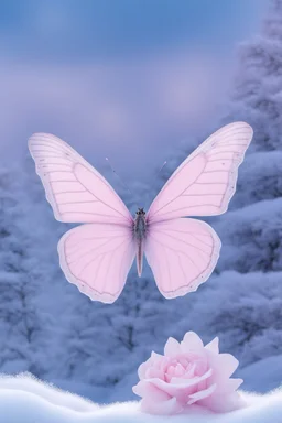 Light pink and light purple butterflies in the blue snowy winter