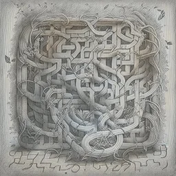 sketch A labyrinth with intertwined vines and a , add elements like weed,