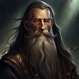dnd, fantasy, wizard, portrait, face, close up, long beard, black hair, angular features, long, slender, old, professor, handsome