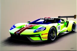 a true-to-life 2016 ford gt race car, pen and color marker, centered, intricate, extreme detailed, photorealism, center view, race track background, pivot on ford, painting by cheryl kelley