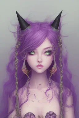 cute purple haired devil girl with bright green eyes and black horns on her head wearing a purple/pink dress