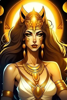 Egyptian queen as an werewolf goddess with enchanting hair and golden glow as divine powers and light skin and beauty that rivaled Aphrodite in anime style