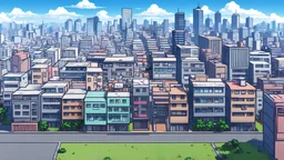 a cell shaded 2d anime style city landscape
