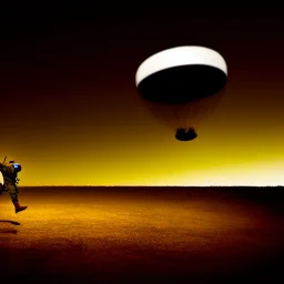 a soldier jumping off of an airship, over a battlefield at night