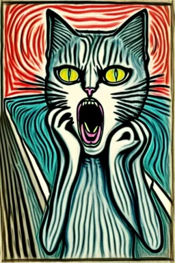 Cat holding her head with her hands. The scream Edvard Munch. Painting style of Edvard Munch