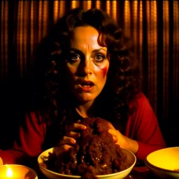 Spooky, ultra realistic distress, dining, ultra realistic hot woman, pieces of meat, woman, silver organic palen ail dynamic, anguish, excited and lively scene, hot women, hypermaximalist figures, stb, Creepy the Ring Alfred Hitchcock, Sam Raimi, insanely detailed, sinister, John Carpenter, Dario Argento, ornate