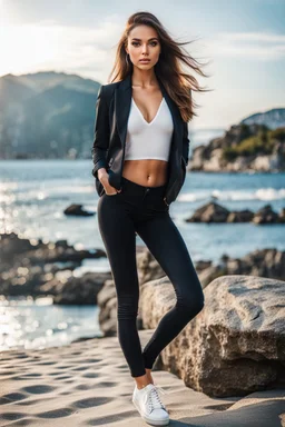 fullbody close up shot of young-beautiful-girl-with-a-perfect-face modern city rocky beach calm sea