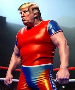 Realistic image of Donald trump wrestler, Mexican wrestling, red and blue breeches, suspenders, retro style, 80s, red, gold, vibrant color, highly detailed, clean background, concept art, unreal engine 5, god rays, ray tracing, RTX, lumen lighting, ultra detail, volumetric lighting, 3d, finely drawn, high definition, high resolution.