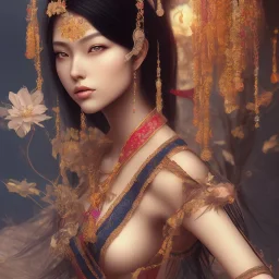 wonderful japanese woman, wearing indian clothes, long black hair, 4k, many details, very realistic, render