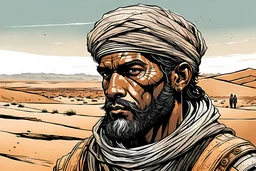 create a front facing, portrait illustration of an otherworldly lost nomadic wanderer with highly detailed, sharply lined and deeply weathered facial features in a dusty ruined desert oasis in the comic art style of Enki Bilal, precisely drawn, finely lined and inked in arid desert colors