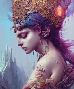 Insanely detailed photography of head and shoulder or a young beautiful goddess , intricate and hyper detailed painting by Ismail Inceoglu Anna Dittmann and Alexandr Fedosov CGSociety ZBrush Central fantasy art album cover art 4K 64 megapixels 8K resolution HDR. Background Tokio City.