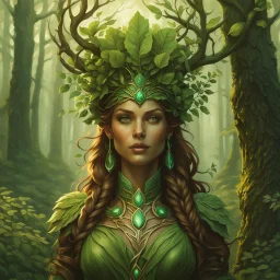 create a forest dryad enchantress , with highly detailed, sharply lined facial features, in the deep forest of Brokilon in rustic woodland colors, 4k in the style of Peter Mohrbacher