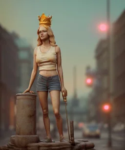 Statue of Queen of photography. Cute blonde woman. Photographer in golden crown. Standing on the street. Big camera in her hand. hyperdetailed, photorealistic, trending on artstation, greg rutkowski, beksinski, kodachrome, bokeh, red and gold