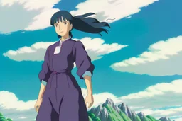 Yui: A full body image of Yui standing confidently in her rugged clothing, hands on her hips. Her athletic build, dark hair streaked with blue, and vibrant green eyes are clearly visible. Her look of determination reflects her adventurous spirit.