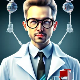 mad scientist with strong glasses, white cell tower in background