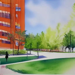 Image d'un campus, avec des bâtiments contemporains, de la végétation, journée ensoleillée, aquarelle