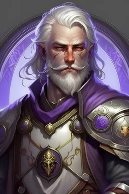 Please create an image for a 28-year old aasimar male with silver hair and a short, square beard and purple eyes. He is a cleric of Kord, whose symbol should be placed on the cleric's shield, if visible in the image. The cleric should be wearing either medium or heavy armor, and carrying a warhammer or a mace and a shield