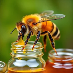 a bee with 6 legs eats honey in jars