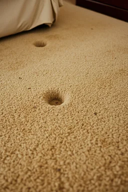 closeup of cheap motel room's dirty carpet, 2 faint furniture dents in carpet, showing where furniture once was