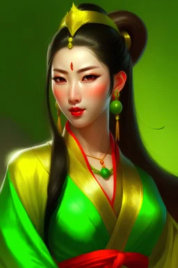 A beautiful soul-sucking and soul-absorbing Chinese Sorceress in low-cut green and yellow clothes with a ponytail and brown eyes and red lips and athleticism and a golden belt.