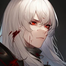 WHITE HAIR, Blood splatter, battle wounds, female, portrait, max detail, hd, Long hair, dark souls style, detailed eyes, eye color blue
