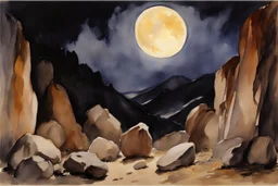 Night, mountains, rocks, gothic horror films influence, john singer sargent watercolor paintings