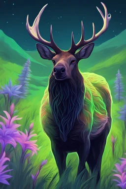 single elk with glowing white antler and shining eyes, black fur, chaotic pattern fur detailed, night time, magical green hill background , beautiful colorful volumetric lighting, sharp focus, depth of field, masterpiece, glowing lily flowers