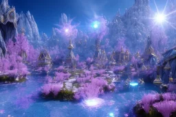 blue crystals dwellings of eldervale fleuri buganvillier rose, soleil,lac bleu, lumieres bleu,pont fleuri, cascade bleu