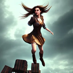 steampunk, female monk, jumping for joy, long hair, full-body