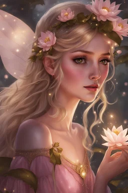 Pointed elven ears,Blonde hair ,Pink dress,Sparkling fairy wings,Very long golden hair,Fairy crown,pointed ears,elven ears,fairy wings,water lilies,sparkling,glittering,flowers,blossoms,golden crown,light pink dress