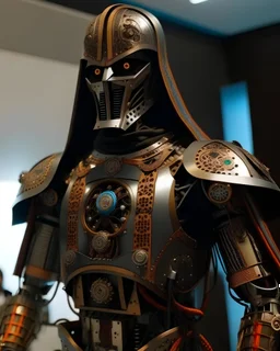 A brave iranian warrior with leather and metal combat clothes robotic metal with Iranian symbols and culture