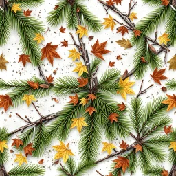 detailed Real Tree Camouflage made of green pine branches, dried maple leaves, snow and dirt, white background, seamless repeatable texture camo pattern
