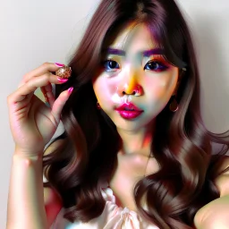 her right hand is held up and holding a cupcake