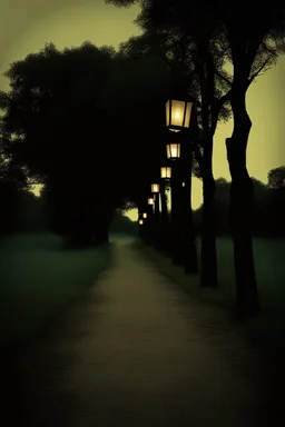 Night, lanterns, square bench, dirt roads, trees, gothic horror films influence, creepy, photography