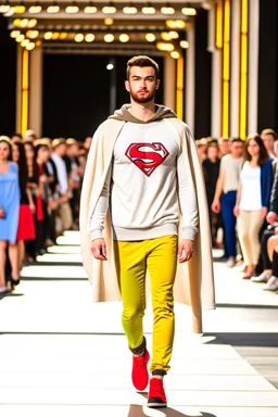 A guy on a fashion runway with Kryptonian Superman street wear Clothes in neutral colors