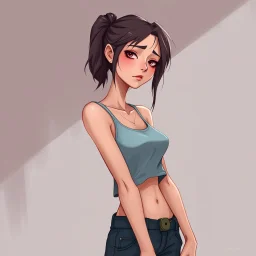a pretty girl, skinny, relaxed, tired, tank top, digital art, stylised
