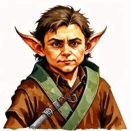 dnd, fantasy, watercolour, portrait, illustration, halfling, laborous, opportunistic, hearthy, sly